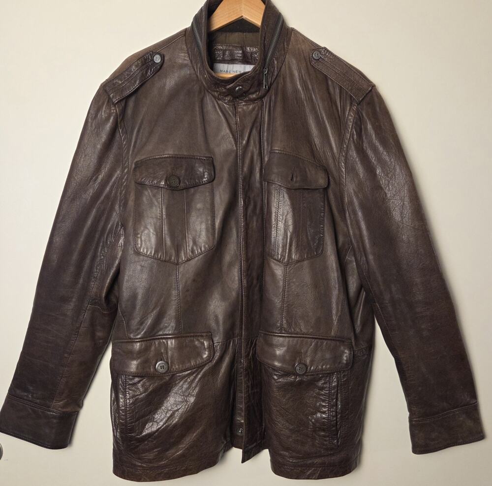 MARC NEW YORK Andrew Marc Brown Leather Field Jacket Men's Size XL Cargo Moto